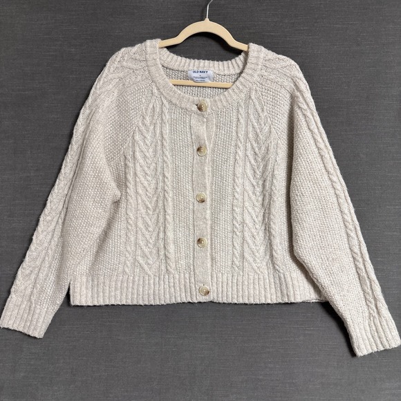 Old Navy Sweaters - Old Navy Cardigan XL Beige Wool Blend Cable Knit Chunky Fisherman Sweater Crop